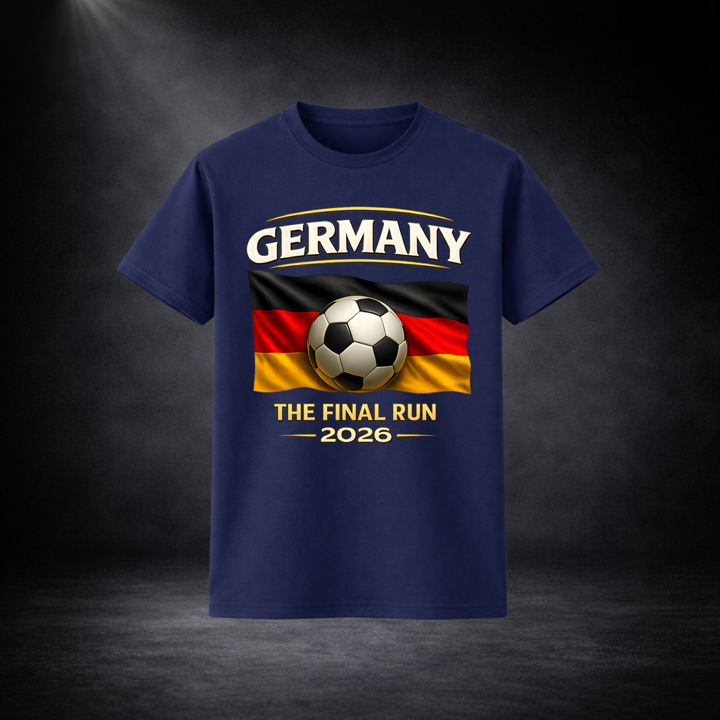 Blaues T-Shirt mit Deutschland-Design: „GERMANY“, deutsche Flagge mit Fußball sowie „THE FINAL RUN 2026“, vor dunklem Studio-Hintergrund