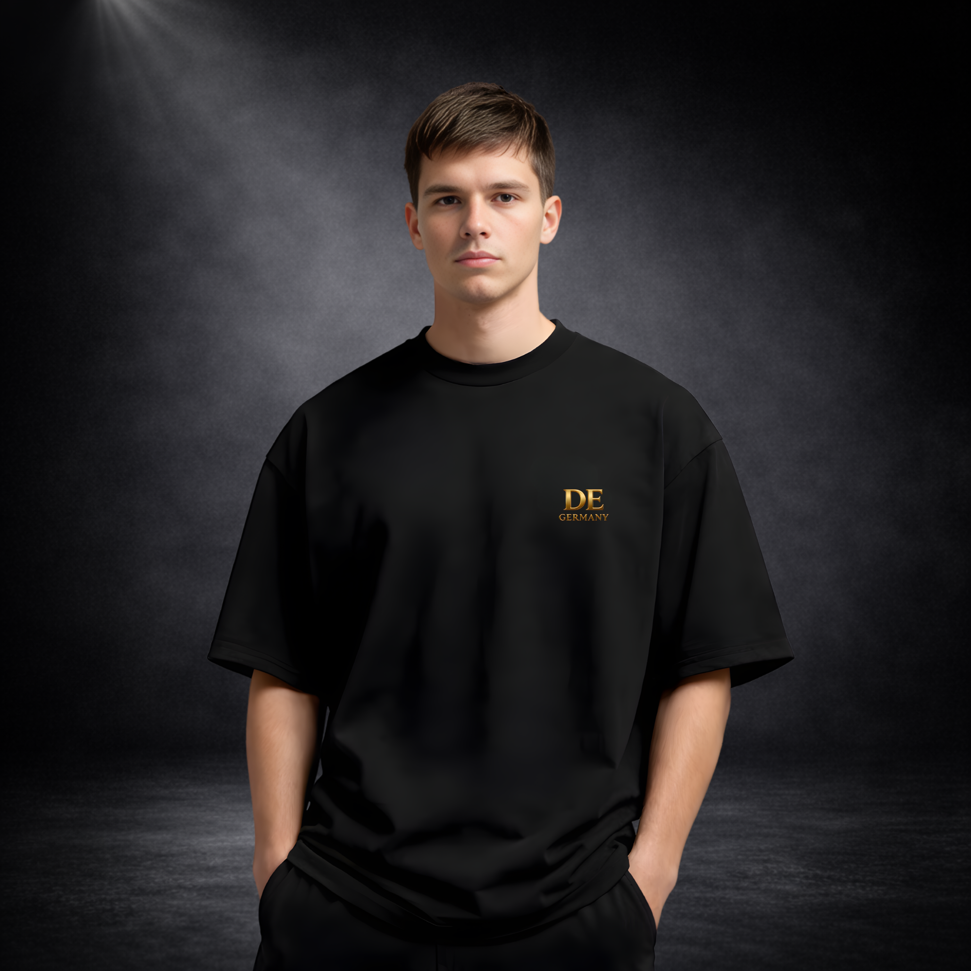Mann trägt ein schwarzes T-Shirt vor dunklem Studio-Hintergrund, mit kleinem goldenen „DE Germany“-Logo auf der Brust in minimalistischem, edlem Design