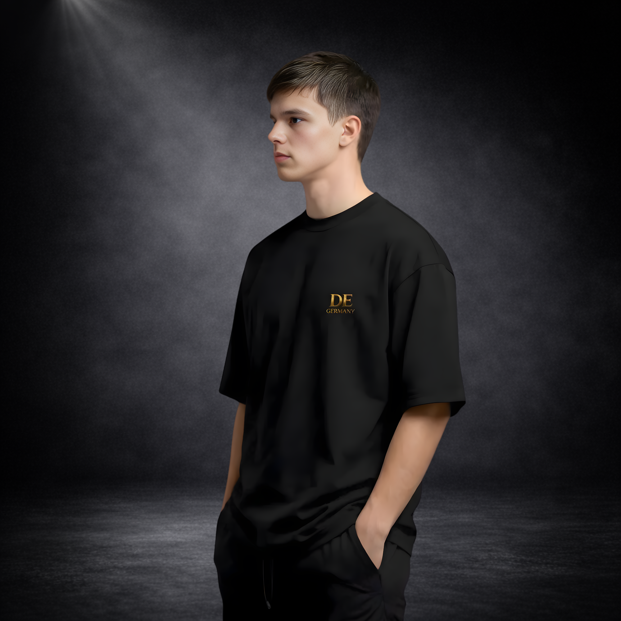 Junger Mann im schwarzen Oversized T-Shirt mit kleinem goldenen „DE Germany“ Logo auf der Brust, seitliche Pose vor dunklem Studio-Hintergrund im minimalistischen Premium-Look