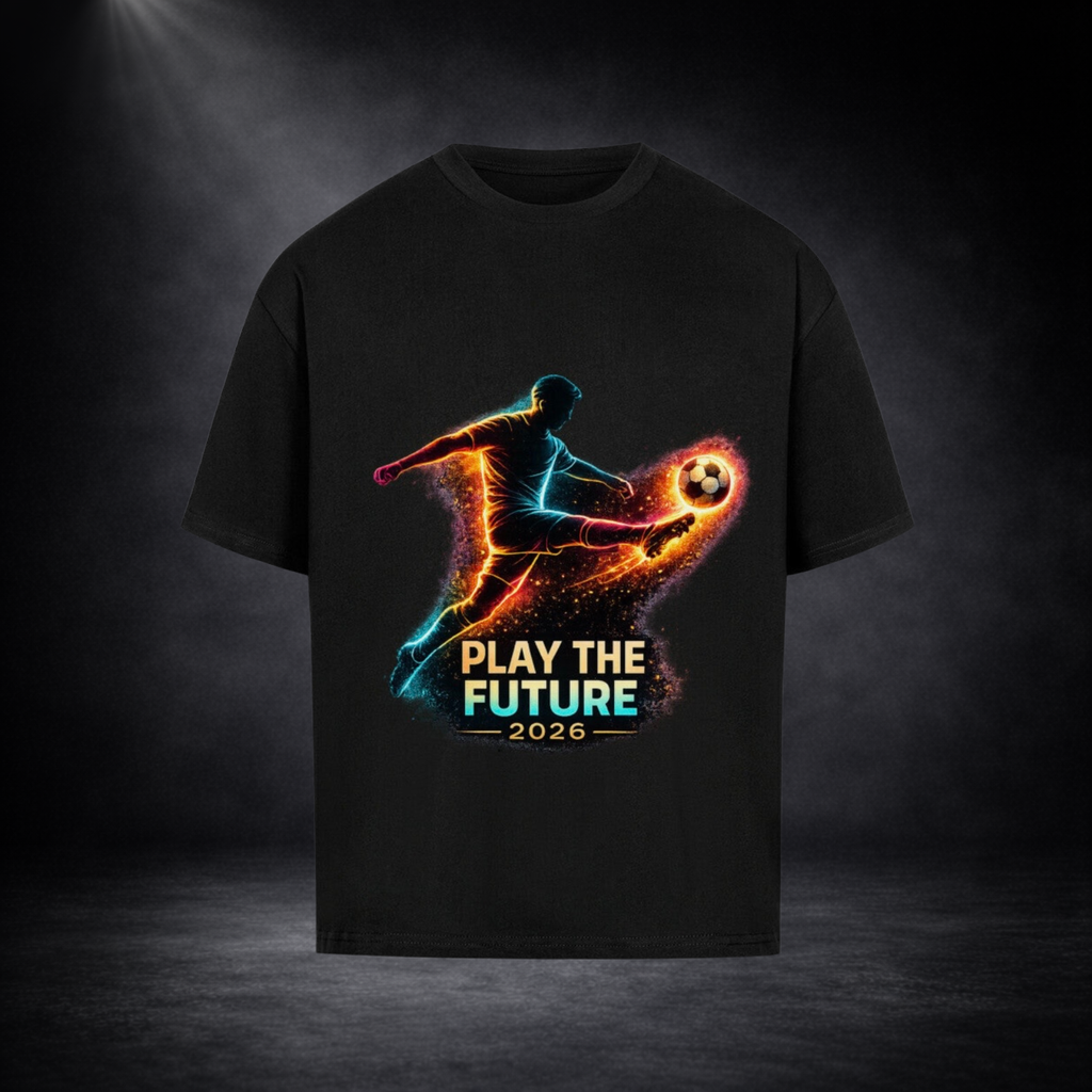 Schwarzes Oversized T-Shirt mit leuchtendem Fußballspieler-Print in Neonfarben und dem Schriftzug „Play the Future 2026“ vor dunklem Studio-Hintergrund