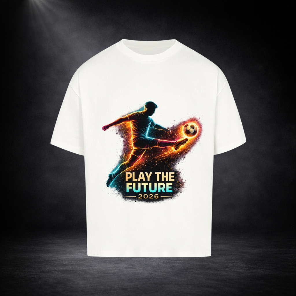 Weißes Oversized T-Shirt mit farbintensivem Fußballspieler-Print in Neonfarben und dem Schriftzug „Play the Future 2026“ vor dunklem Studio-Hintergrund