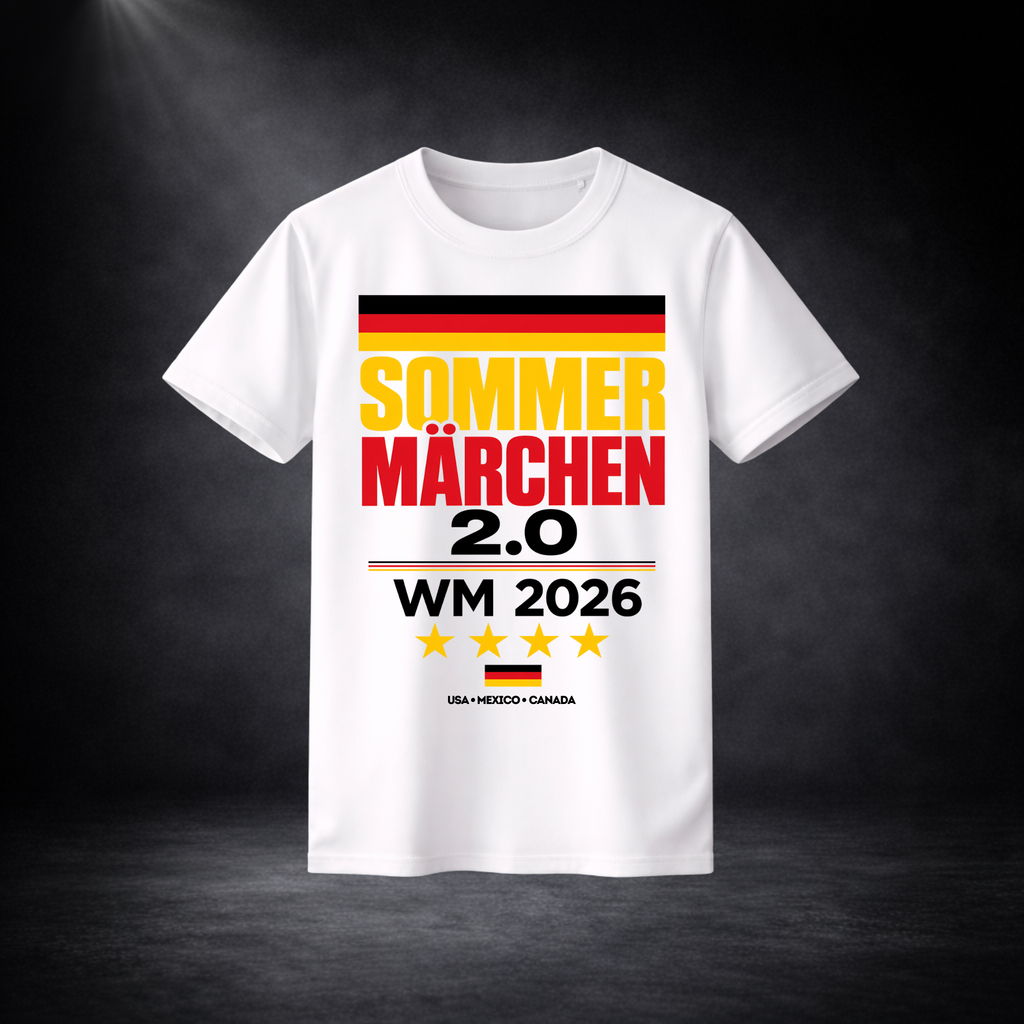Weißes Deutschland WM 2026 T-Shirt mit „Sommermärchen 2.0“ Print in Schwarz-Rot-Gold, freigestelltes Produktbild auf dunklem Studiohintergrund, modernes Fußball Fan Shirt