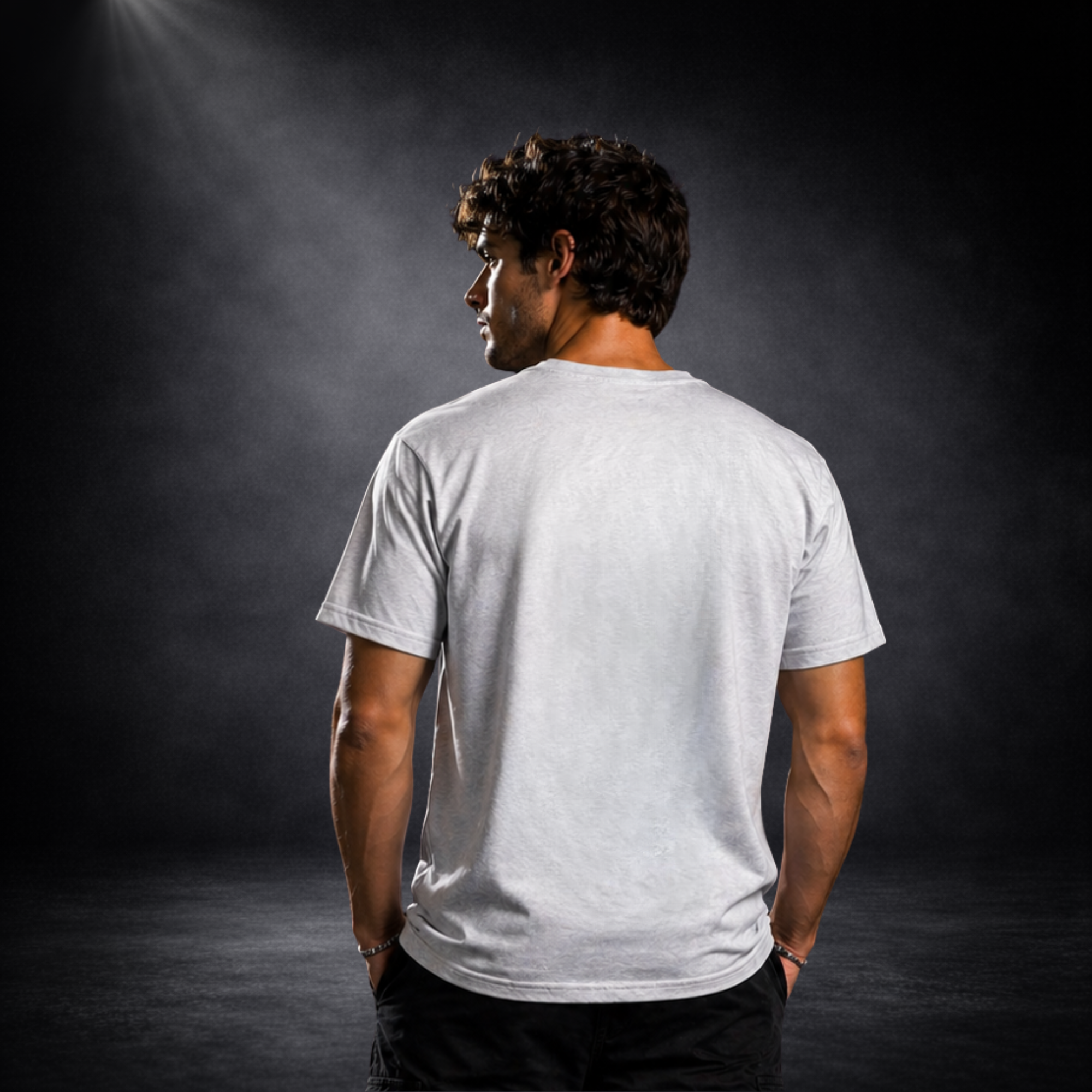 Rückansicht eines grauen Deutschland T-Shirts ohne Print, getragen von einem jungen Mann, cleanes Basic Shirt im Studio mit dunklem Hintergrund