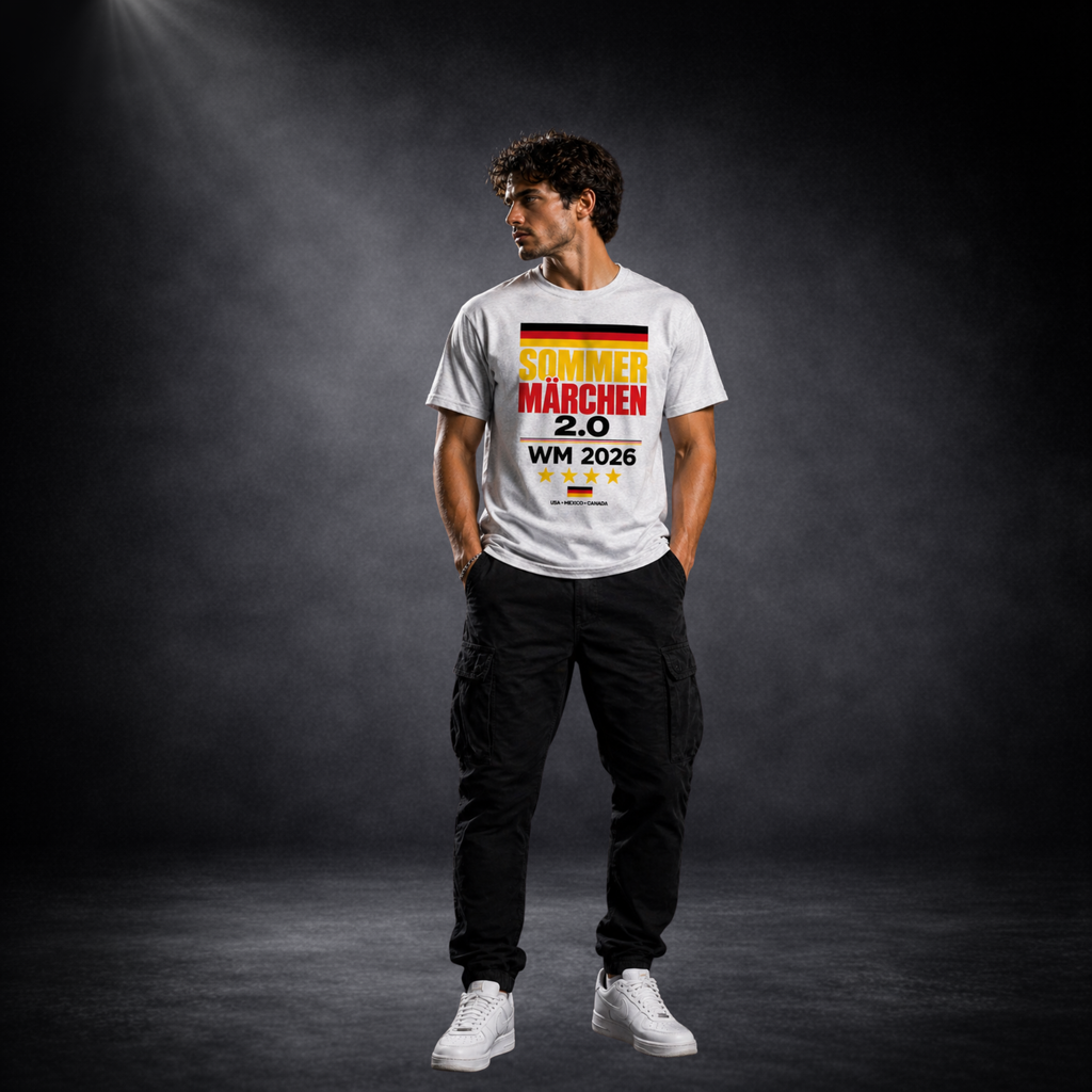 Junger Mann trägt graues Deutschland WM 2026 T-Shirt mit „Sommermärchen 2.0“ Print, Ganzkörperaufnahme, sportlicher Streetwear Look vor dunklem Studiohintergrund