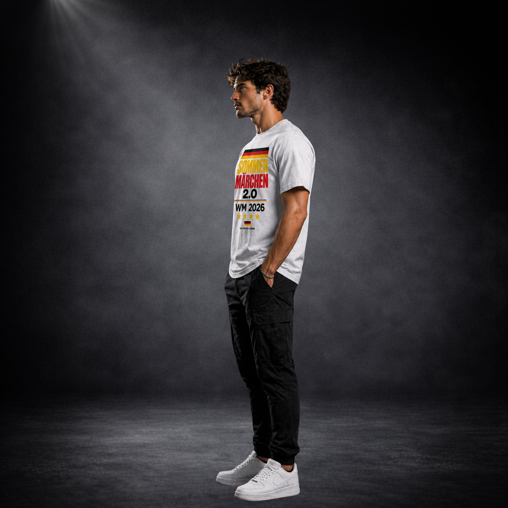 Seitliche Ansicht eines jungen Mannes im grauen Deutschland WM 2026 T-Shirt mit „Sommermärchen 2.0“ Print, sportlicher Streetwear Look, dunkler Studiohintergrund