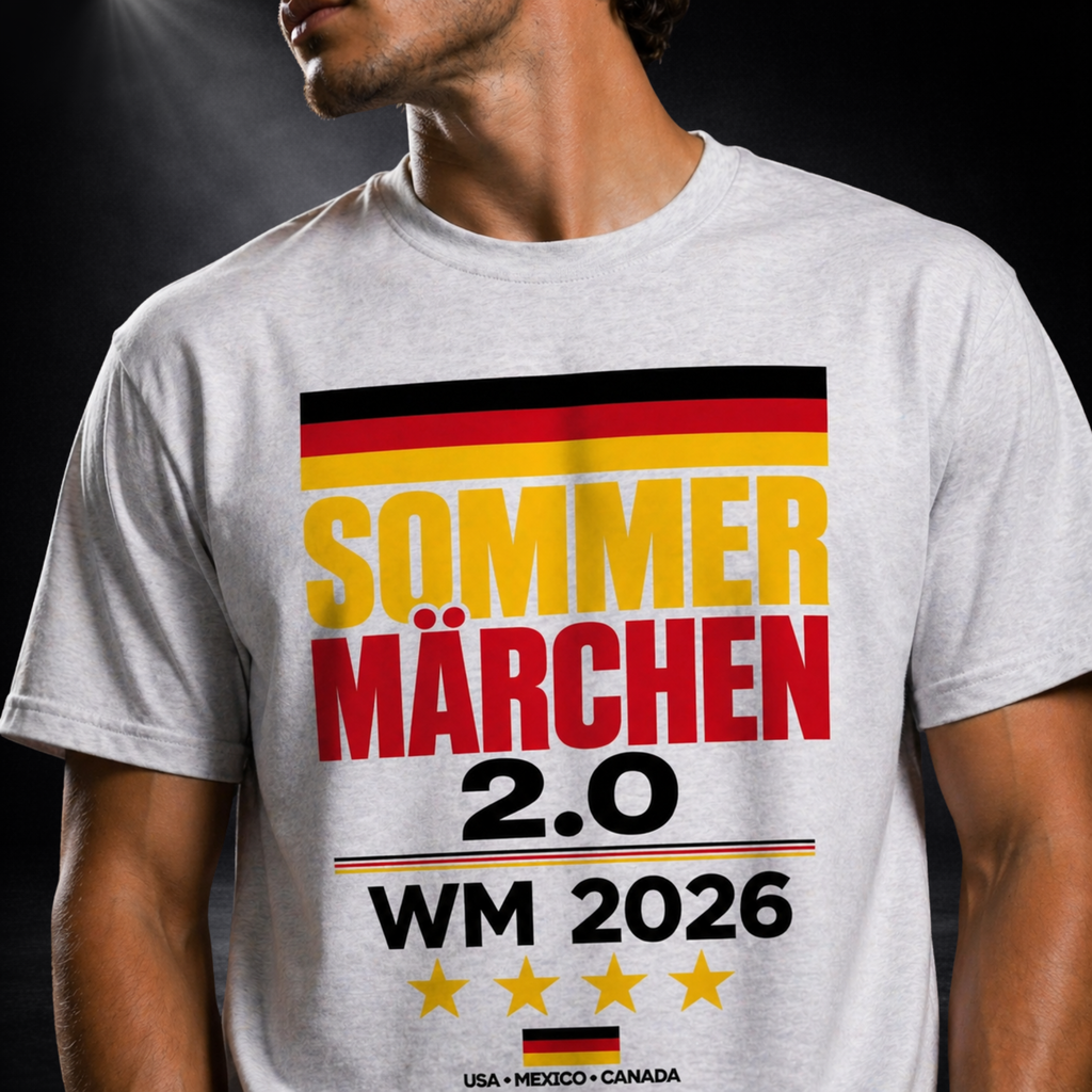 Detailaufnahme eines grauen Deutschland WM 2026 T-Shirts mit „Sommermärchen 2.0“ Print in Schwarz-Rot-Gold, hochwertiger Druck auf Brustbereich, sportlicher Streetwear Stil