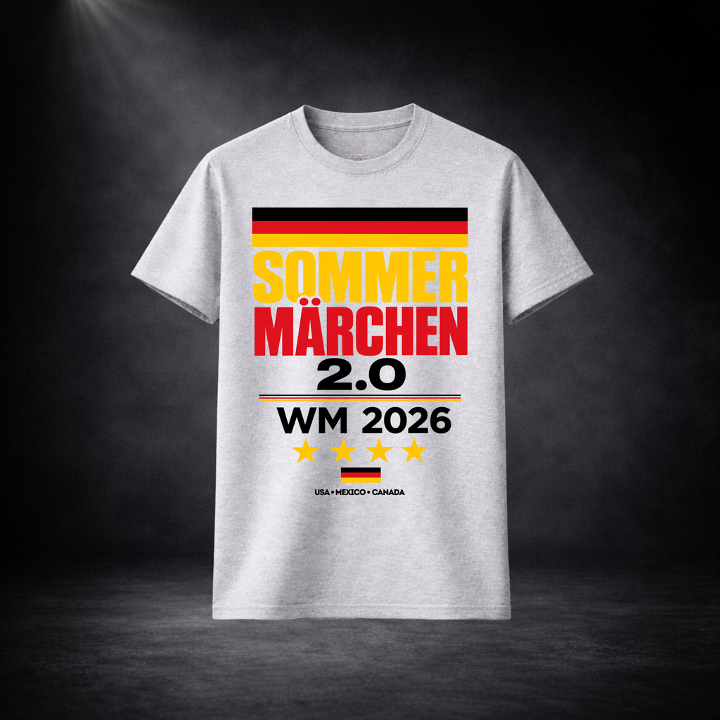 Graues Deutschland WM 2026 T-Shirt mit „Sommermärchen 2.0“ Print, große Frontgrafik in Schwarz-Rot-Gold, freigestelltes Produktbild vor dunklem Studiohintergrund
