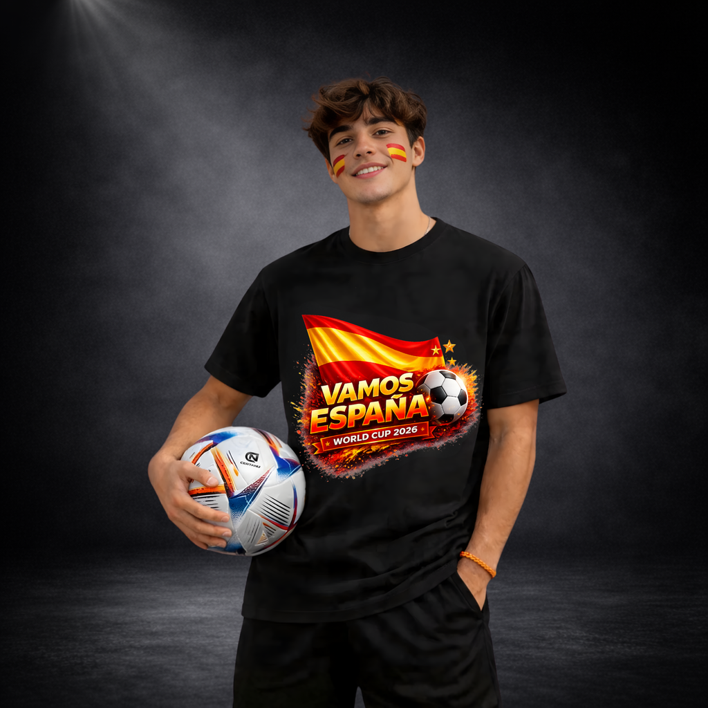 Junger Mann mit schwarzem T-Shirt und Spanien-Design („VAMOS ESPAÑA – WORLD CUP 2026“), hält einen Fußball in der Hand, mit Spanien-Fanbemalung im Gesicht vor dunklem Studio-Hintergrund