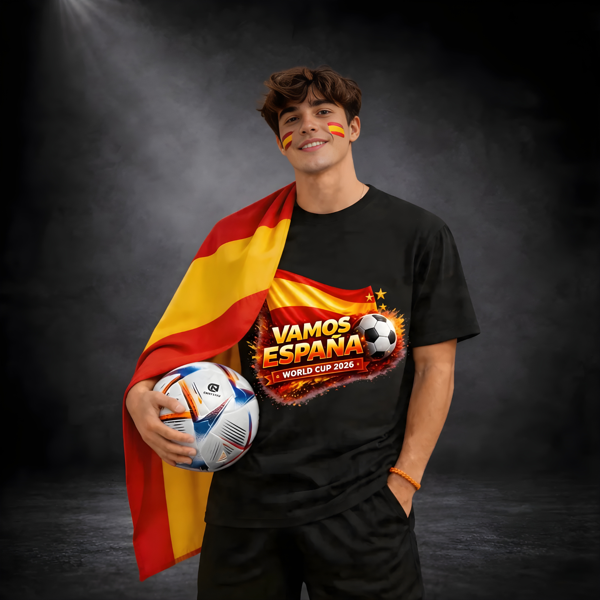 Junger Mann mit Spanien-Flagge über den Schultern trägt ein schwarzes T-Shirt mit „VAMOS ESPAÑA – WORLD CUP 2026“-Design und hält einen Fußball vor dunklem Studiohintergrund