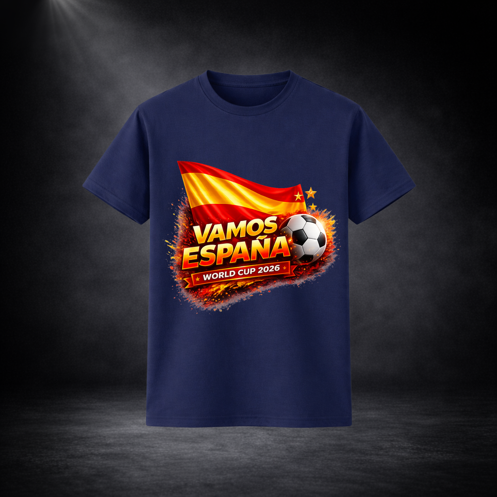 Blaues T-Shirt mit Spanien-Fußballdesign „VAMOS ESPAÑA – WORLD CUP 2026“, mit Flagge, Fußball und dynamischen Farbeffekten auf dunklem Hintergrund