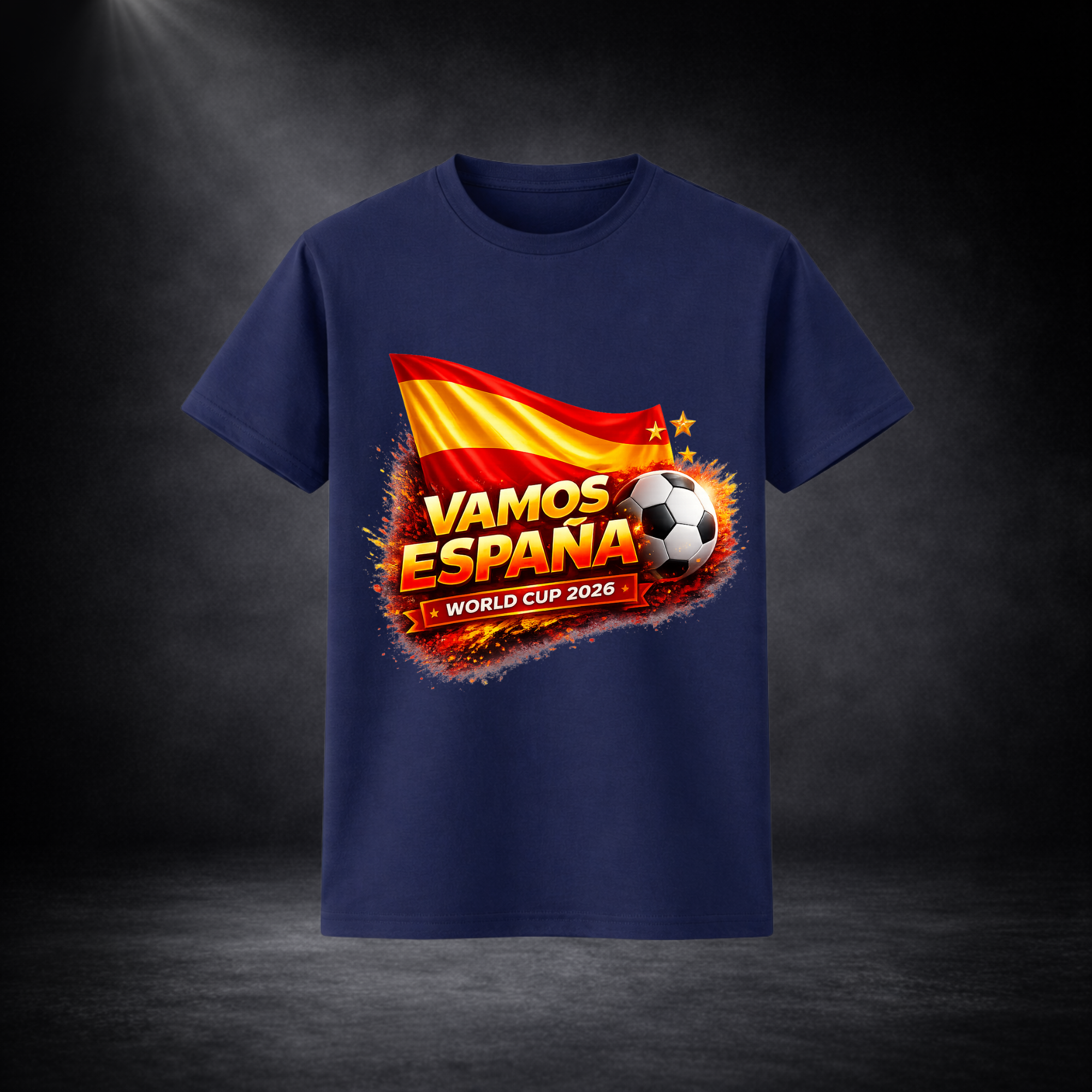 Blaues T-Shirt mit Spanien-Fußballdesign „VAMOS ESPAÑA – WORLD CUP 2026“, mit Flagge, Fußball und dynamischen Farbeffekten auf dunklem Hintergrund