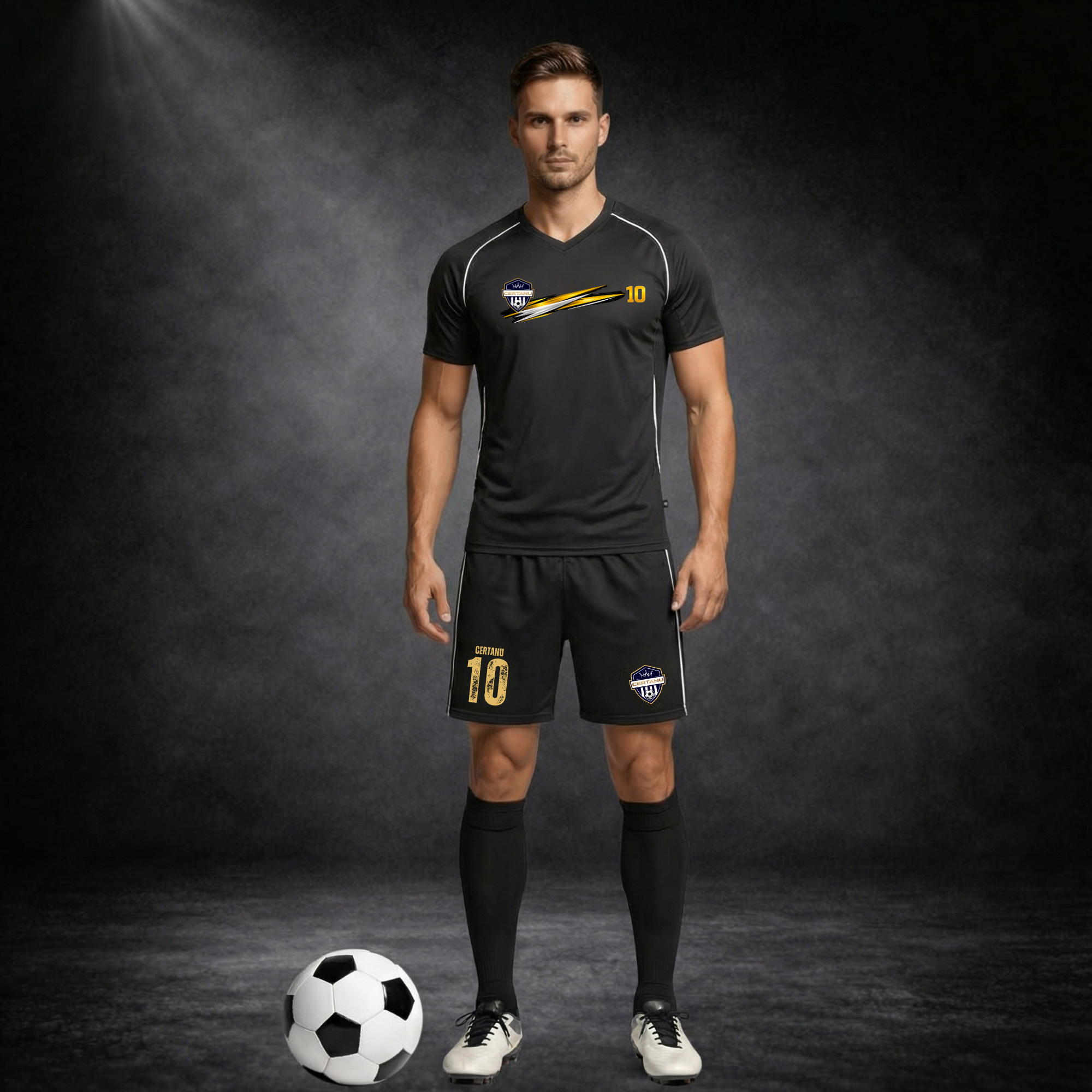 Fußballspieler steht frontal im schwarzen CERTANU Trikot-Set mit goldenen Akzenten und Nummer 10, neben einem Fußball, vor dunklem Studio-Hintergrund