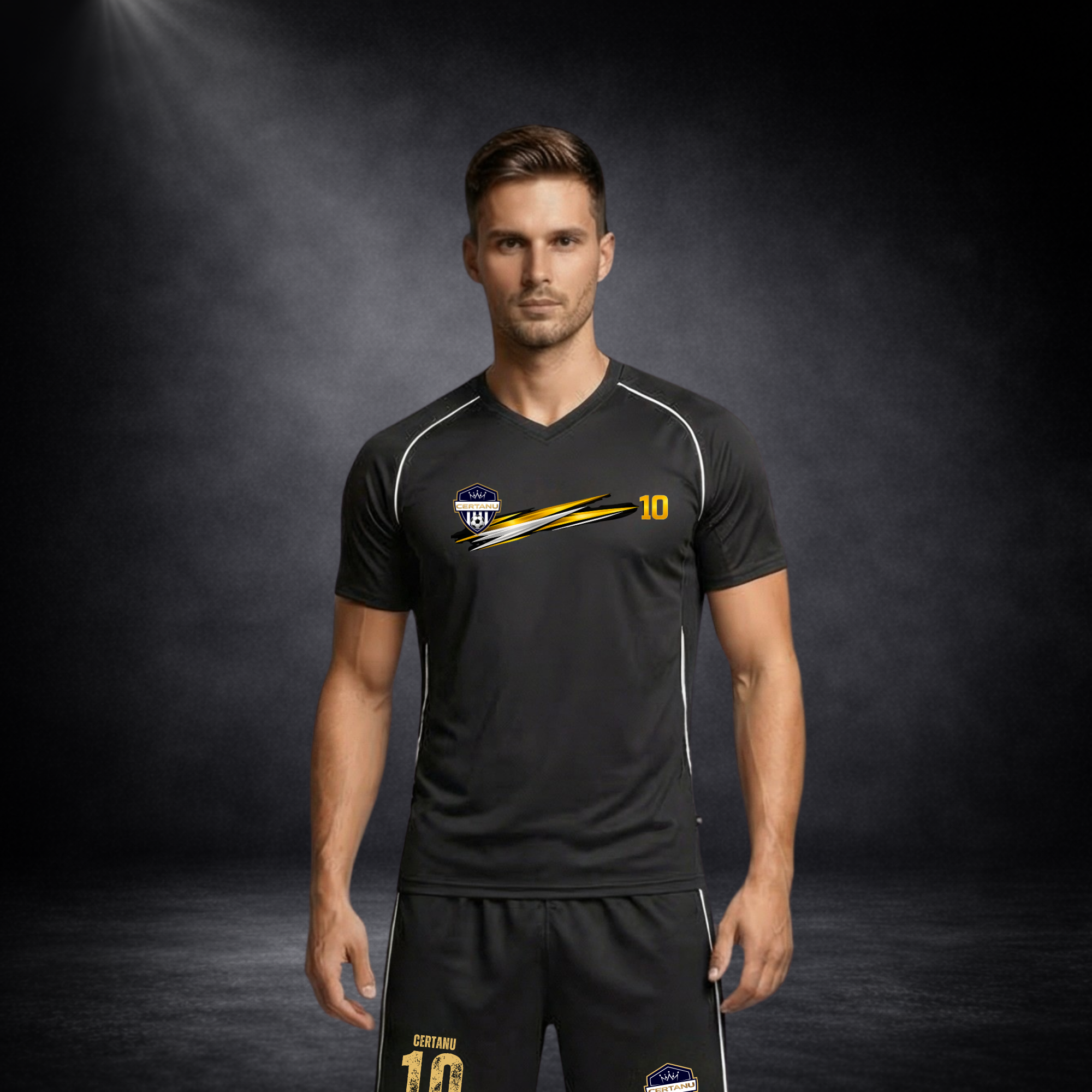 Fußballspieler trägt schwarzes CERTANU Trikot mit goldener Nummer 10 und Brustdesign, steht frontal vor dunklem Studio-Hintergrund