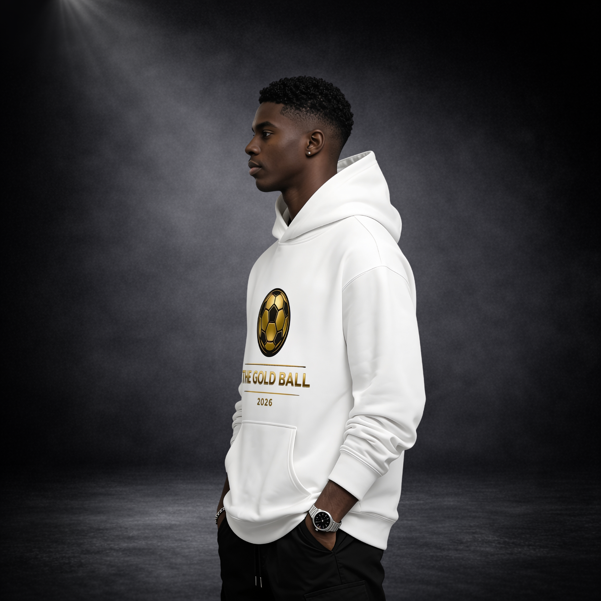 Seitliche Ansicht eines Models im weißen Hoodie mit goldfarbenem Fußball-Logo und Schriftzug „THE GOLD BALL 2026“, vor dunklem Studio-Hintergrund mit Spotlight