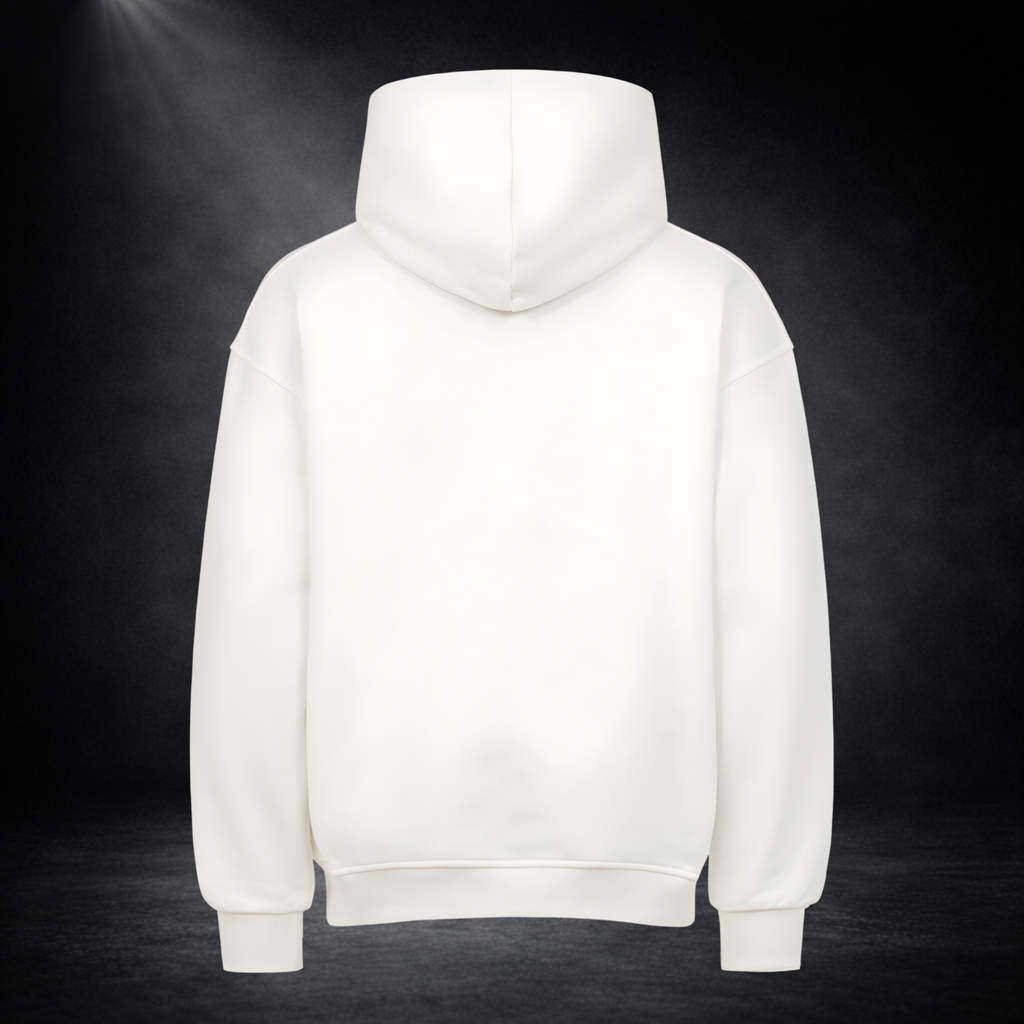 Rückansicht eines weißen Hoodies ohne Druck, freigestellt vor dunklem Studio-Hintergrund mit Spotlight