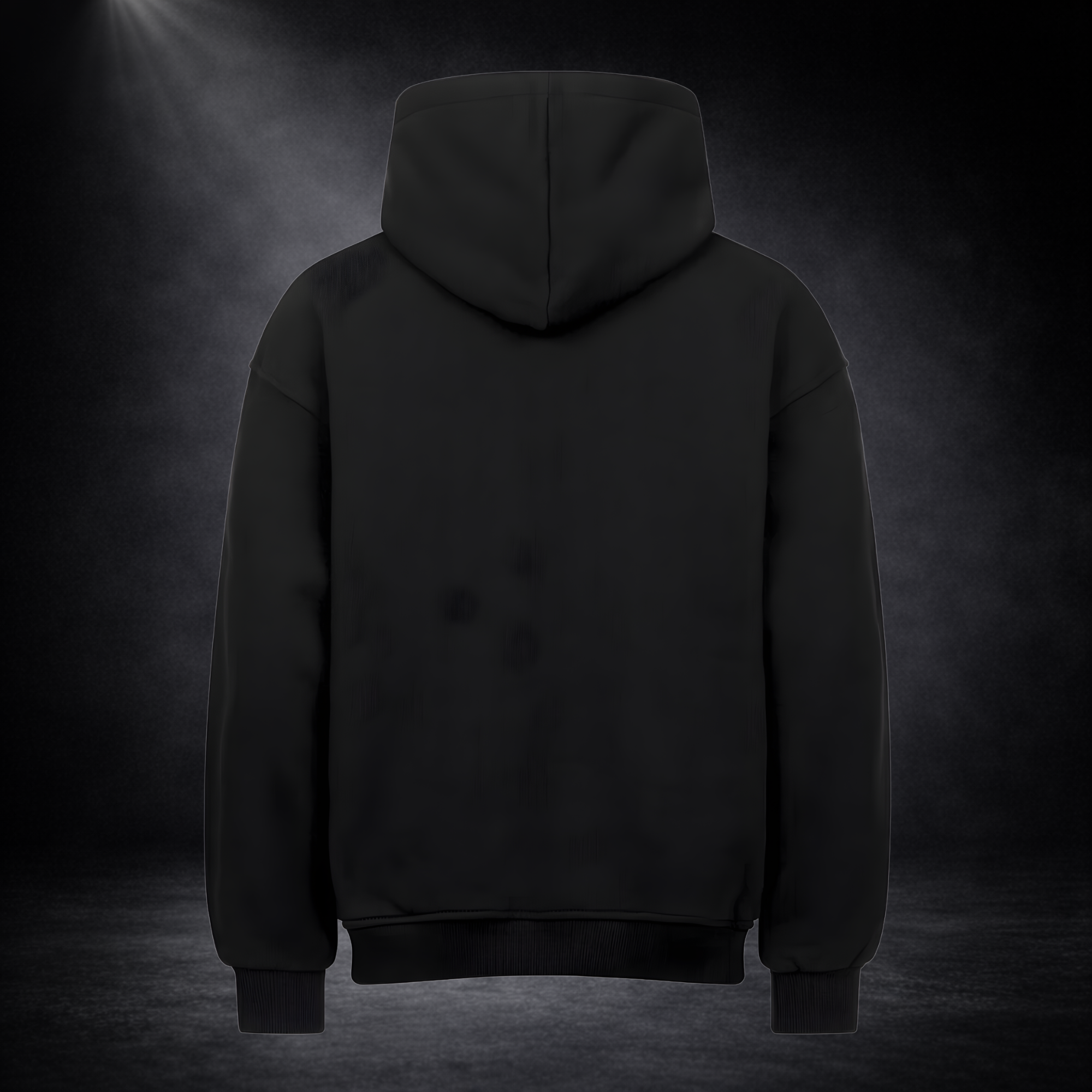 Rückansicht eines schwarzen Hoodies ohne Druck, freigestellt vor dunklem Studio-Hintergrund mit Spotlight