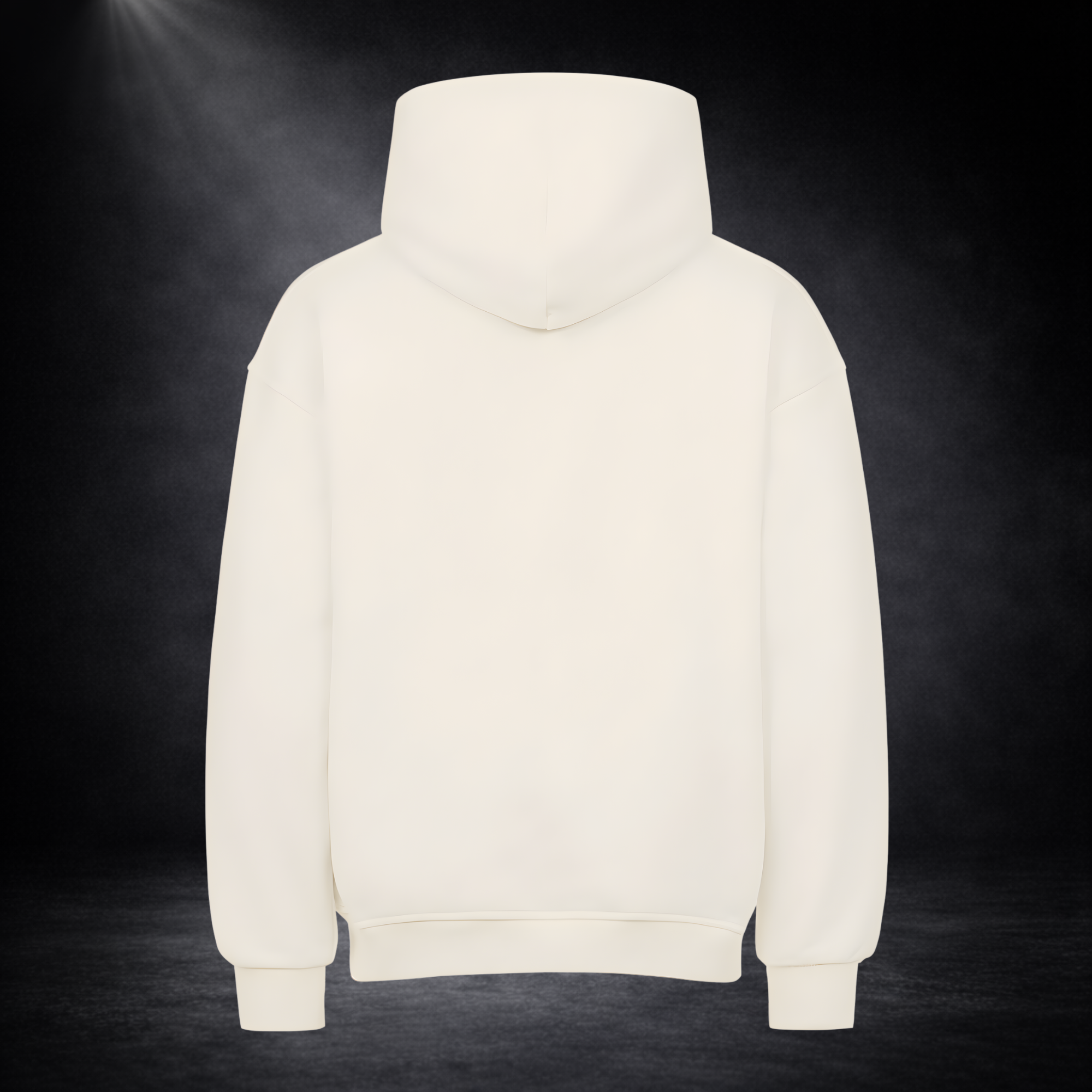 Rückansicht eines beigen Hoodies ohne Druck, freigestellt vor dunklem Studio-Hintergrund mit Spotlight