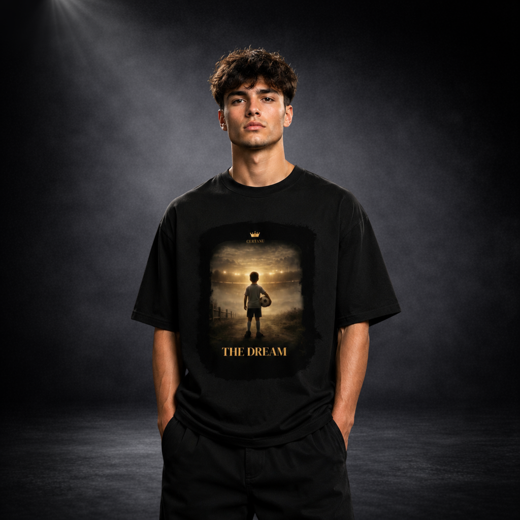Junger Mann trägt ein schwarzes Oversized T-Shirt von CERTANU vor einem dunklen Studiohintergrund mit hochwertiger Beleuchtung. Das Frontdesign „THE DREAM“ zeigt einen jungen Fußballspieler mit Ball, der auf ein beleuchtetes Stadion blickt und den Traum vom großen Fußball verkörpert. Goldene Typografie und dezente Premium-Details verleihen dem Motiv eine emotionale und luxuriöse Wirkung. Das schwarze Shirt kombiniert moderne Streetwear mit Fußball-Leidenschaft und eignet sich ideal für Fans, Fußballspieler 