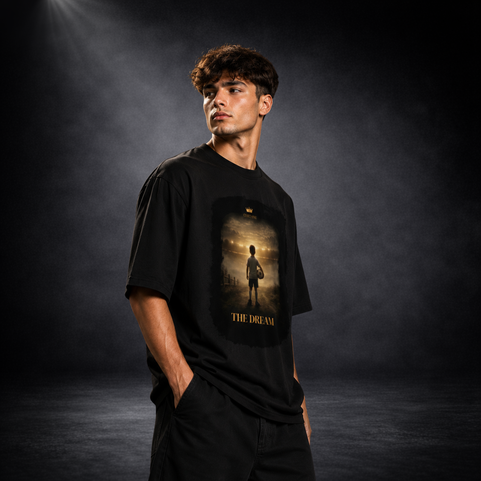 Junger Mann trägt ein schwarzes Oversized T-Shirt von CERTANU in einer professionellen Studioaufnahme mit dunklem Hintergrund und dramatischer Beleuchtung. Das Frontmotiv „THE DREAM“ zeigt einen jungen Fußballspieler mit Ball, der vor einem beleuchteten Stadion steht und seinen Traum vom Profifußball verfolgt. Die goldene Schrift und die warme Lichtstimmung verleihen dem Design eine emotionale, inspirierende und hochwertige Wirkung. Die seitliche Pose des Models betont den modernen Oversized-Schnitt und den