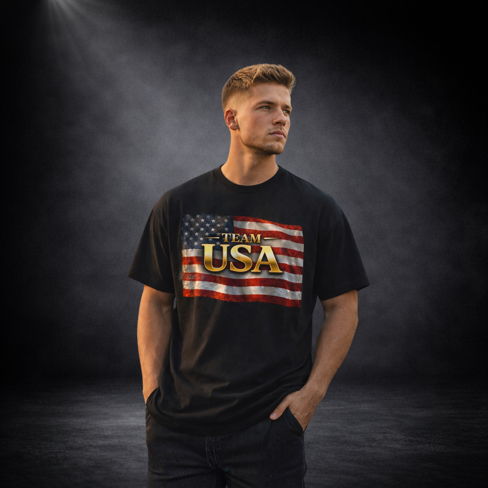 Männliches Model trägt ein schwarzes T-Shirt mit „TEAM USA“-Print in Gold vor amerikanischer Flagge, seitlich blickend vor dunklem Studio-Hintergrund