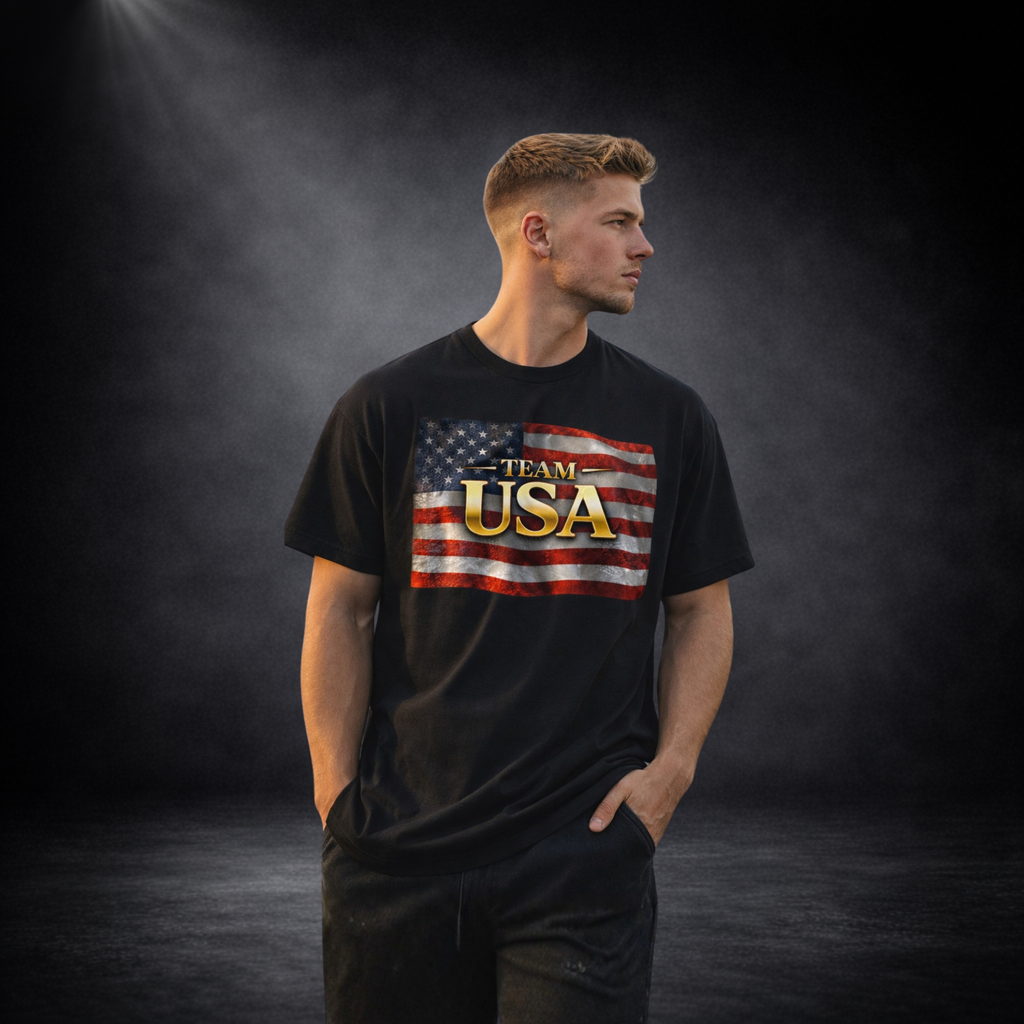 Männliches Model trägt ein schwarzes T-Shirt mit „TEAM USA“-Print und amerikanischer Flagge in Gold und Rot, aufgenommen vor dunklem Studio-Hintergrund im modernen Lifestyle-Look