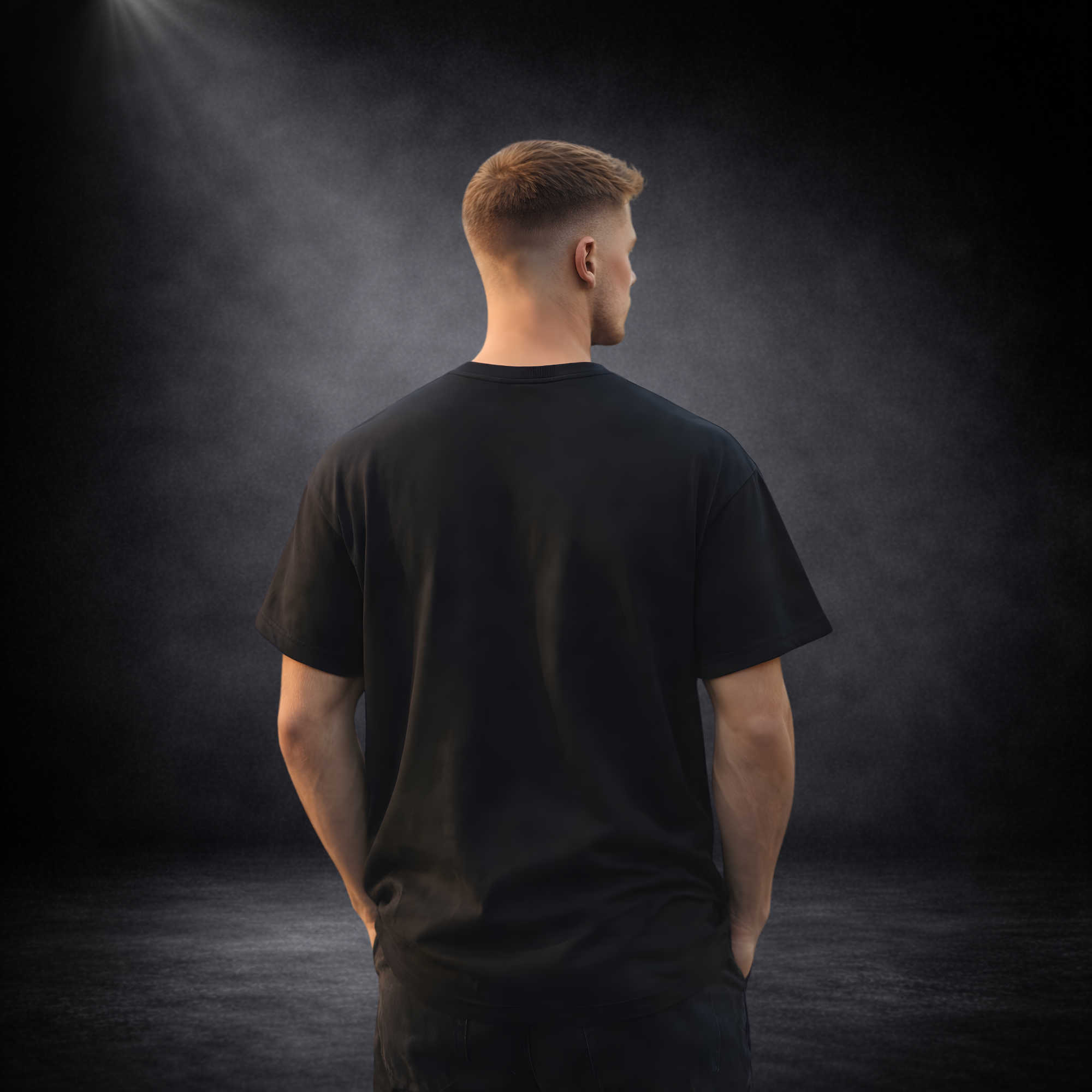 Rückansicht eines männlichen Models in schwarzem T-Shirt ohne Aufdruck, vor dunklem Studio-Hintergrund mit weichem Licht von oben