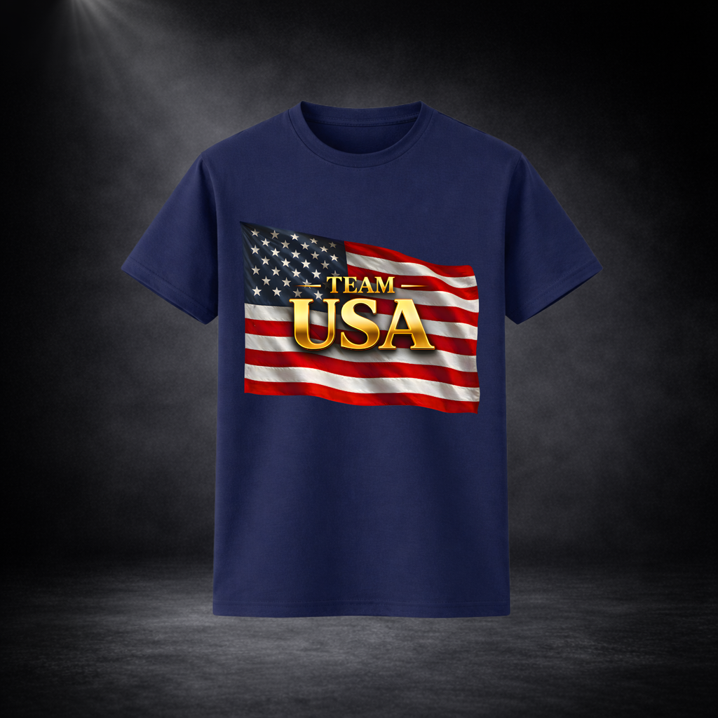 Dunkelblaues T-Shirt mit „TEAM USA“-Aufdruck in Gold vor amerikanischer Flagge, freigestellt vor dunklem Studio-Hintergrund