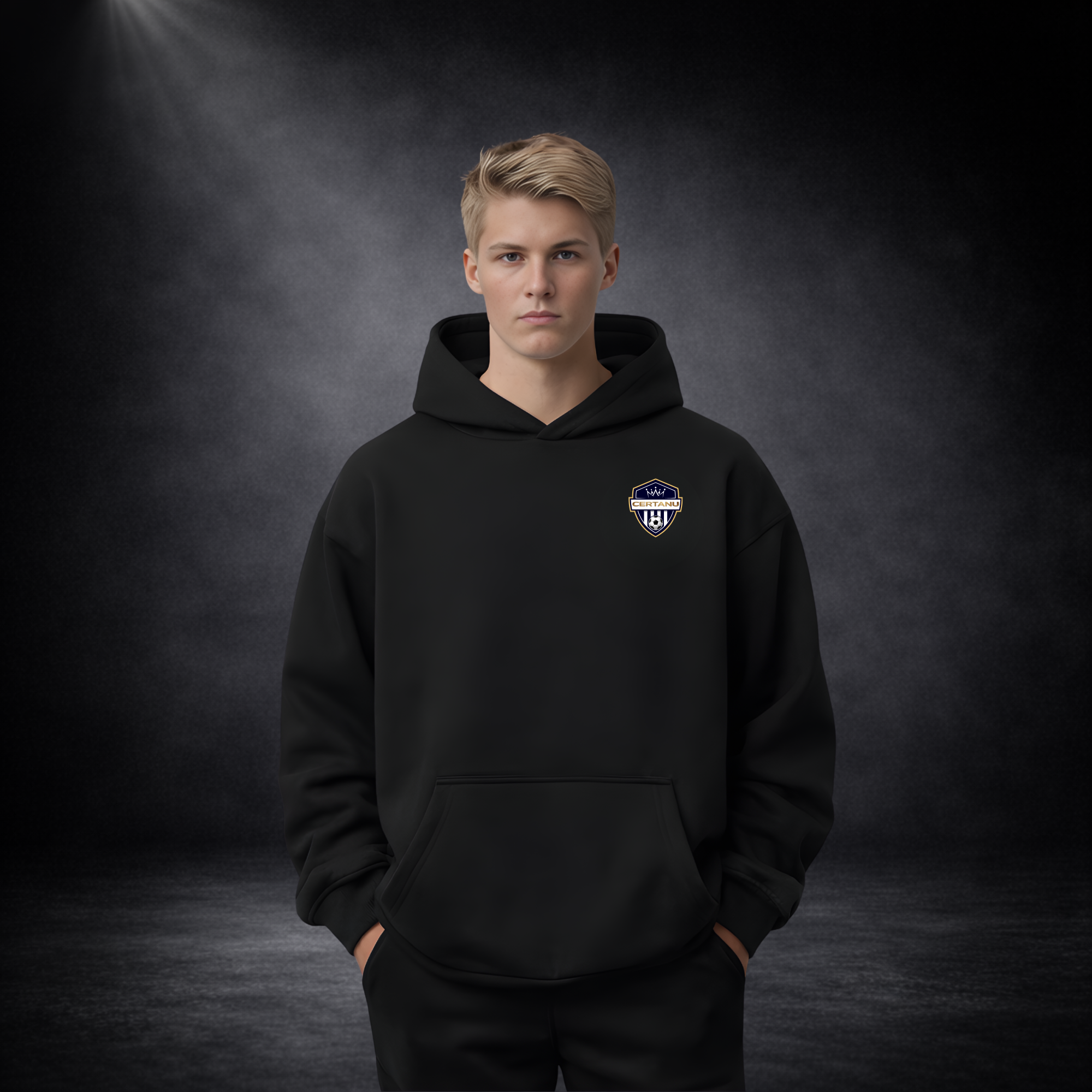Person trägt schwarzen CERTANU Hoodie mit kleinem Logo auf der Brust, steht frontal vor dunklem Studio-Hintergrund
