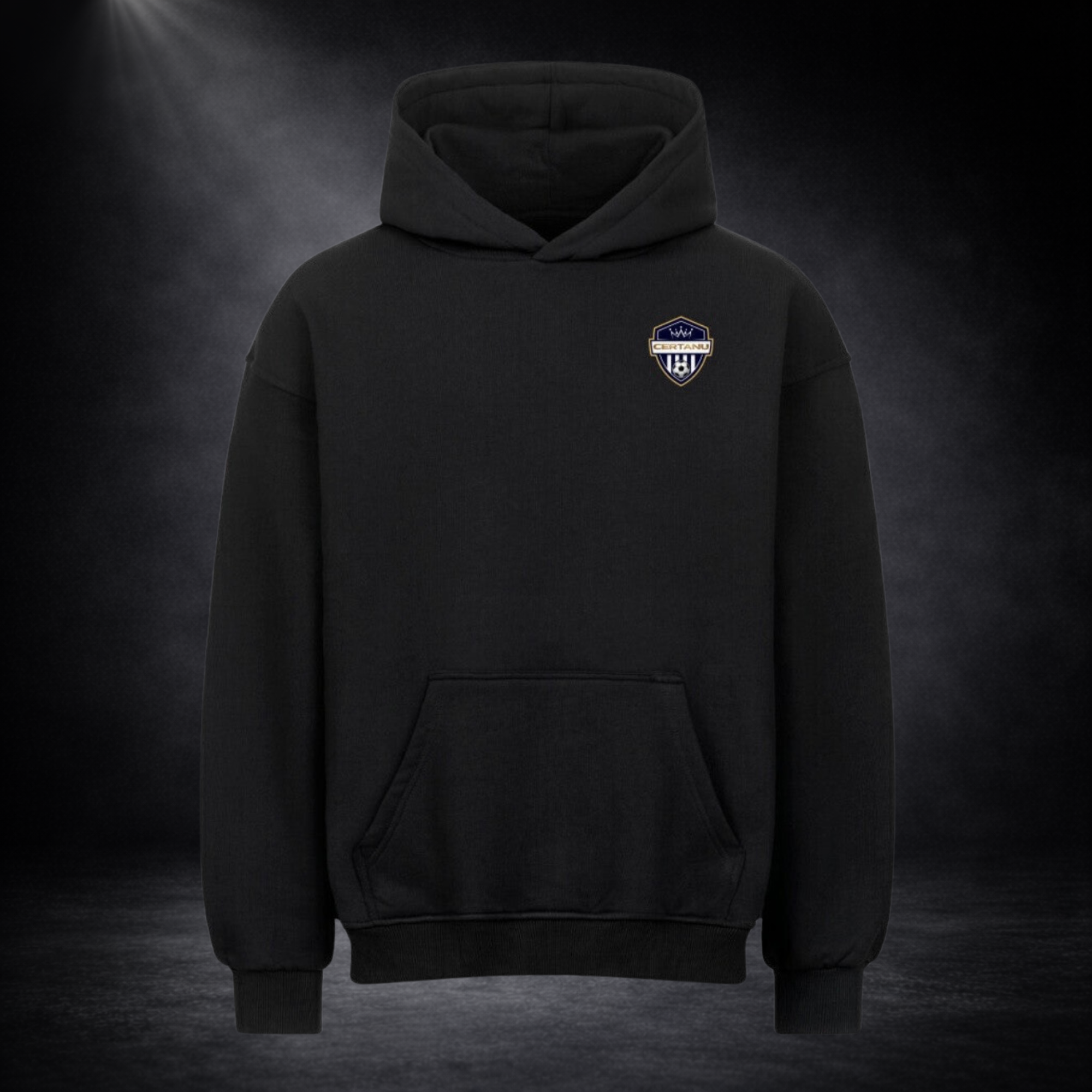 Schwarzer CERTANU Hoodie frontal dargestellt mit kleinem Logo auf der Brust, Kapuze und Kängurutasche, vor dunklem Studio-Hintergrund