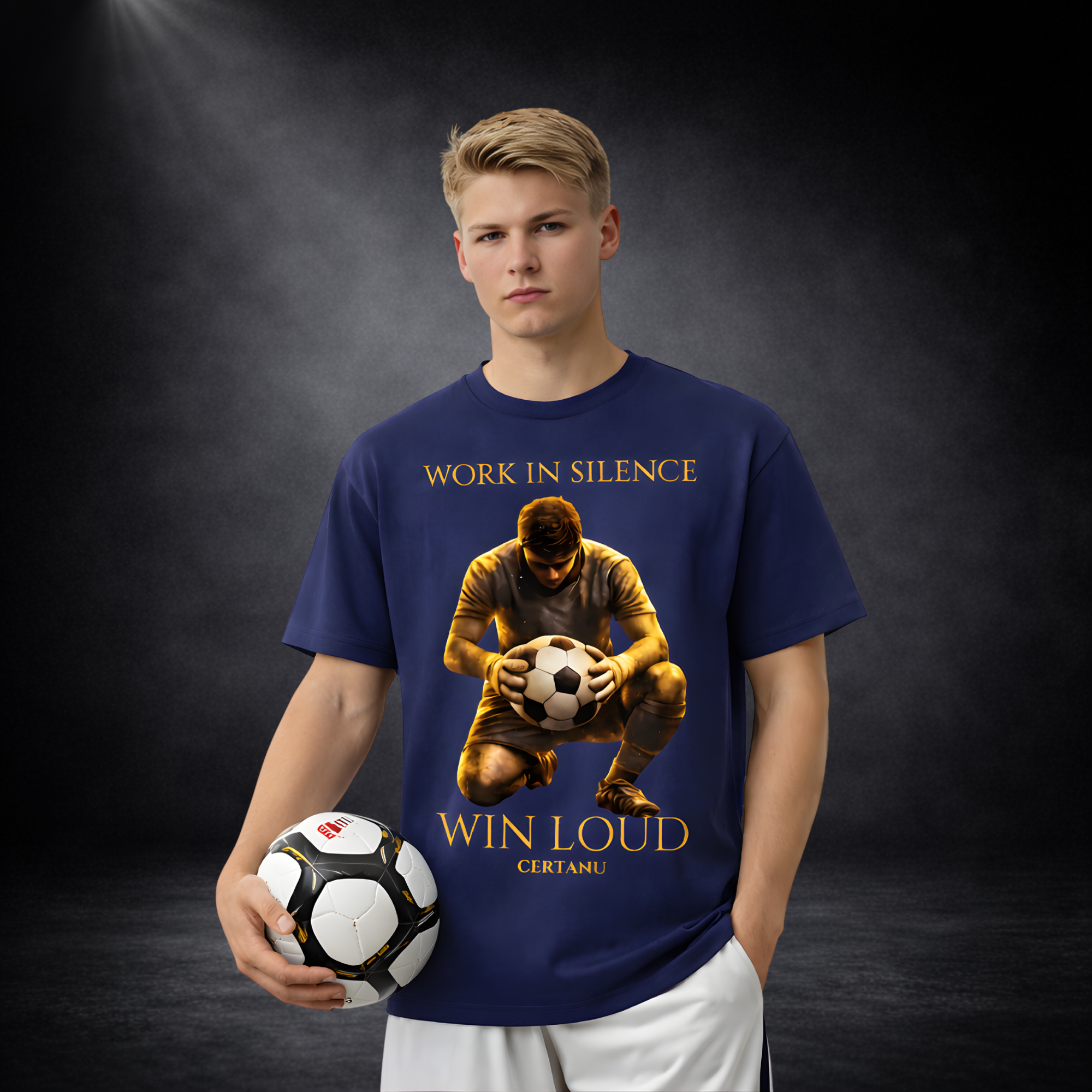 Junger Mann trägt blaues T-Shirt mit großem Fußball-Motiv und goldener Schrift „Work in Silence – Win Loud“, hält einen Fußball in der Hand, vor dunklem Studio-Hintergrund