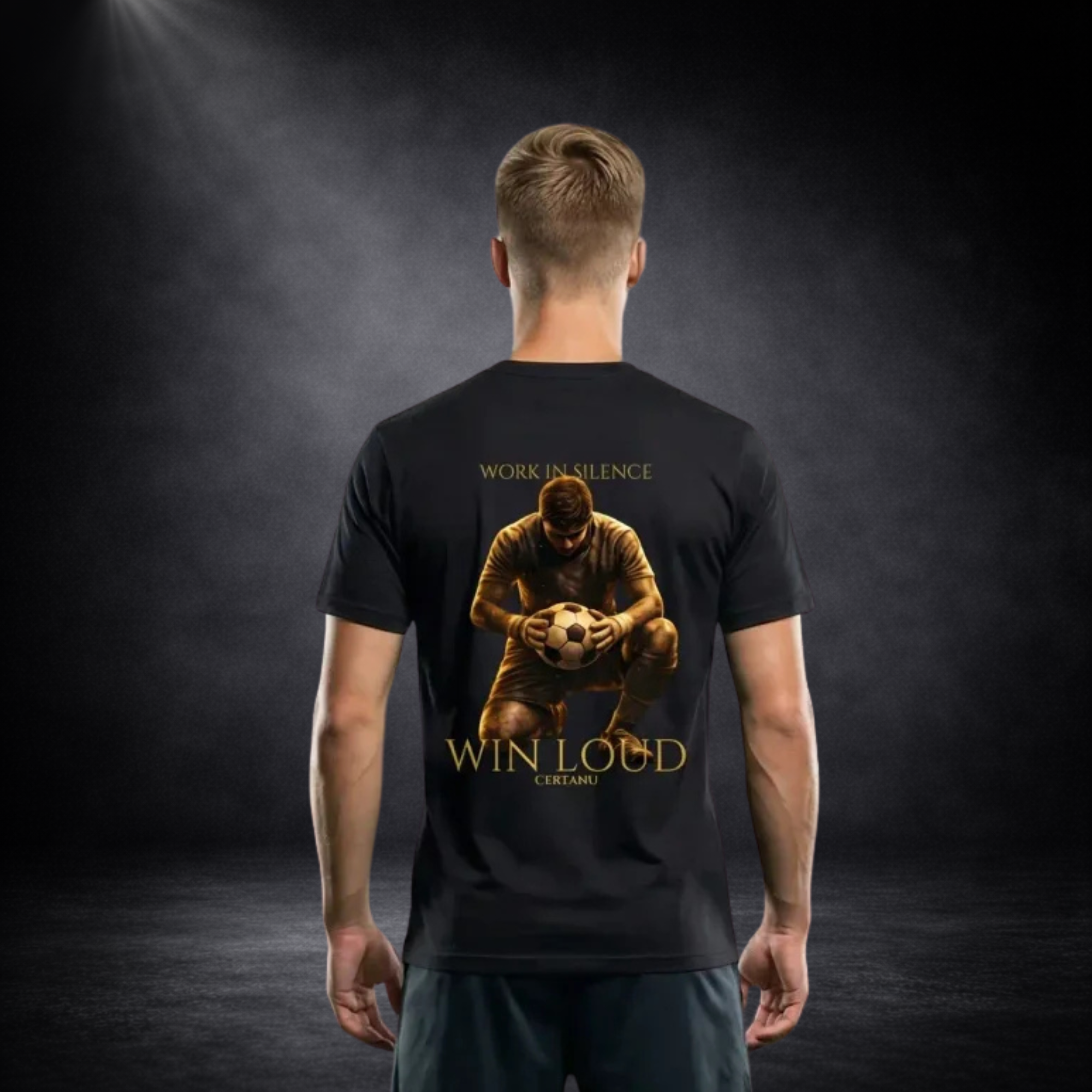 Rückansicht eines Mannes im schwarzen T-Shirt mit großem Rückenprint: kniender Fußballspieler mit Ball sowie Schriftzug „WORK IN SILENCE – WIN LOUD CERTANU“ vor dunklem Studio-Hintergrund