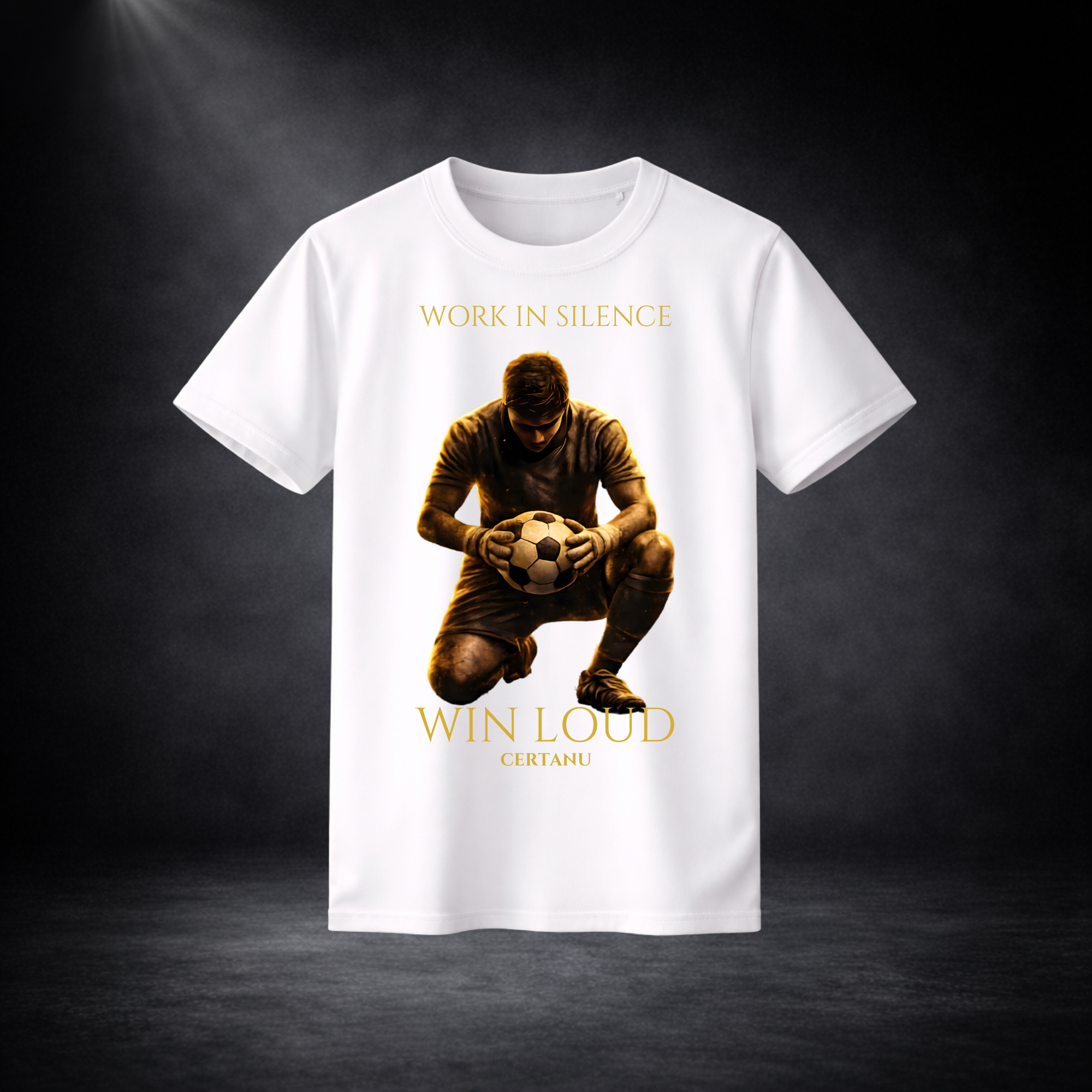 Weißes T-Shirt mit großem Frontprint eines knienden Fußballspielers, der einen Ball hält, kombiniert mit dem Schriftzug „Work in Silence – Win Loud“ und „Certanu“, vor dunklem Studio-Hintergrund mit Spotlight