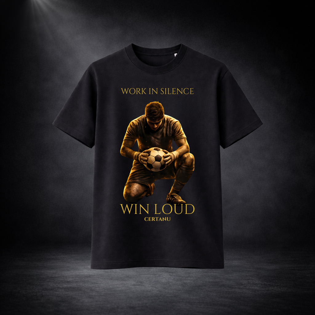 Schwarzes T-Shirt mit großem Frontprint eines knienden Fußballspielers mit Ball, darüber der Schriftzug „Work in Silence“ und darunter „Win Loud – Certanu“, vor dunklem Studio-Hintergrund mit Spotlight